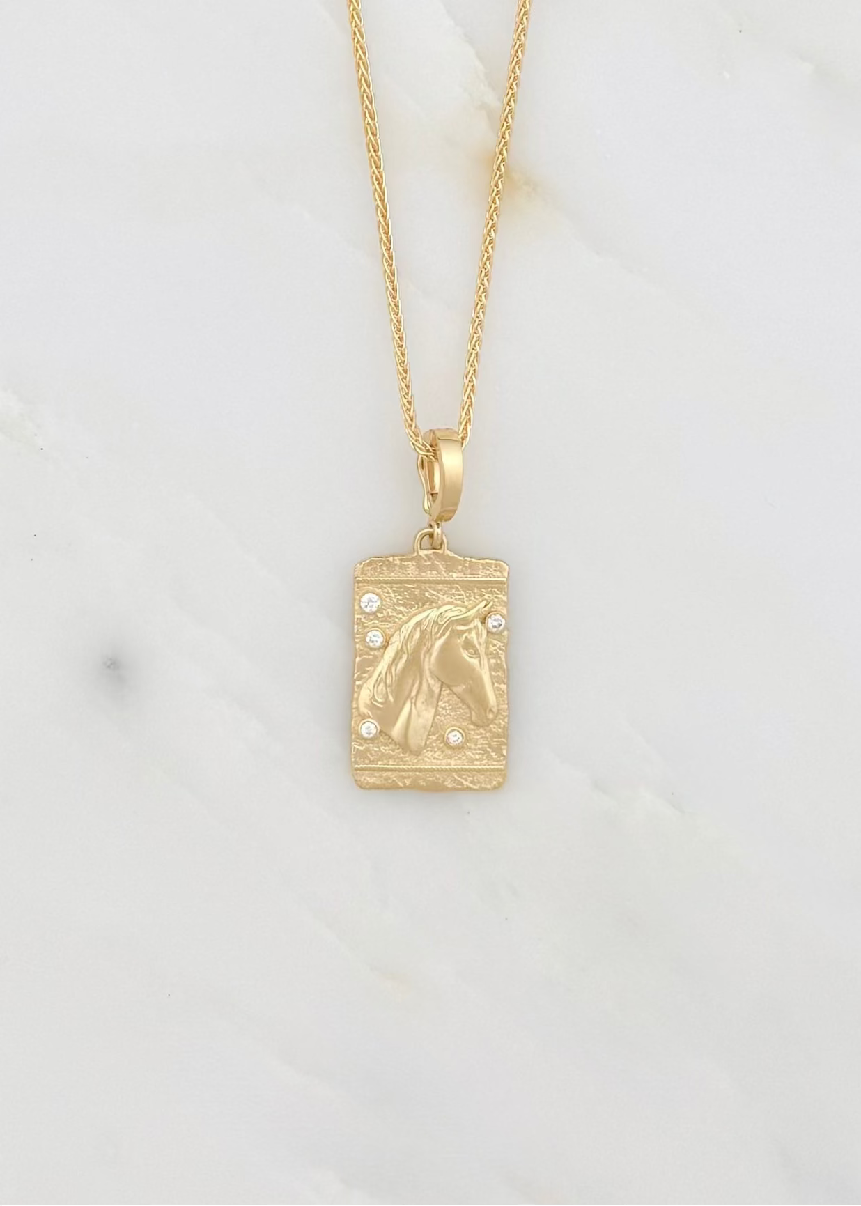 azlee fine jewelry 18k yellow gold diamonds Horse Medium Relic Coin thin wheat chain necklace