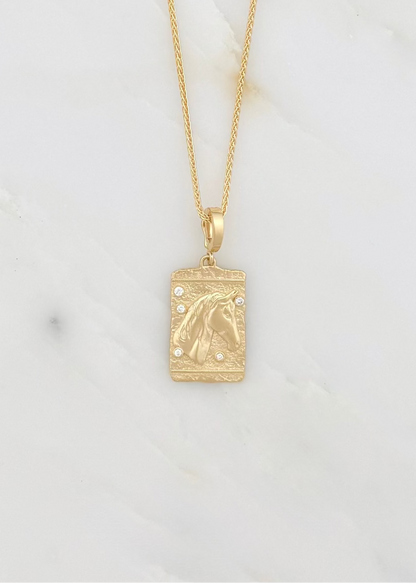 azlee fine jewelry 18k yellow gold diamonds Horse Medium Relic Coin thin wheat chain necklace