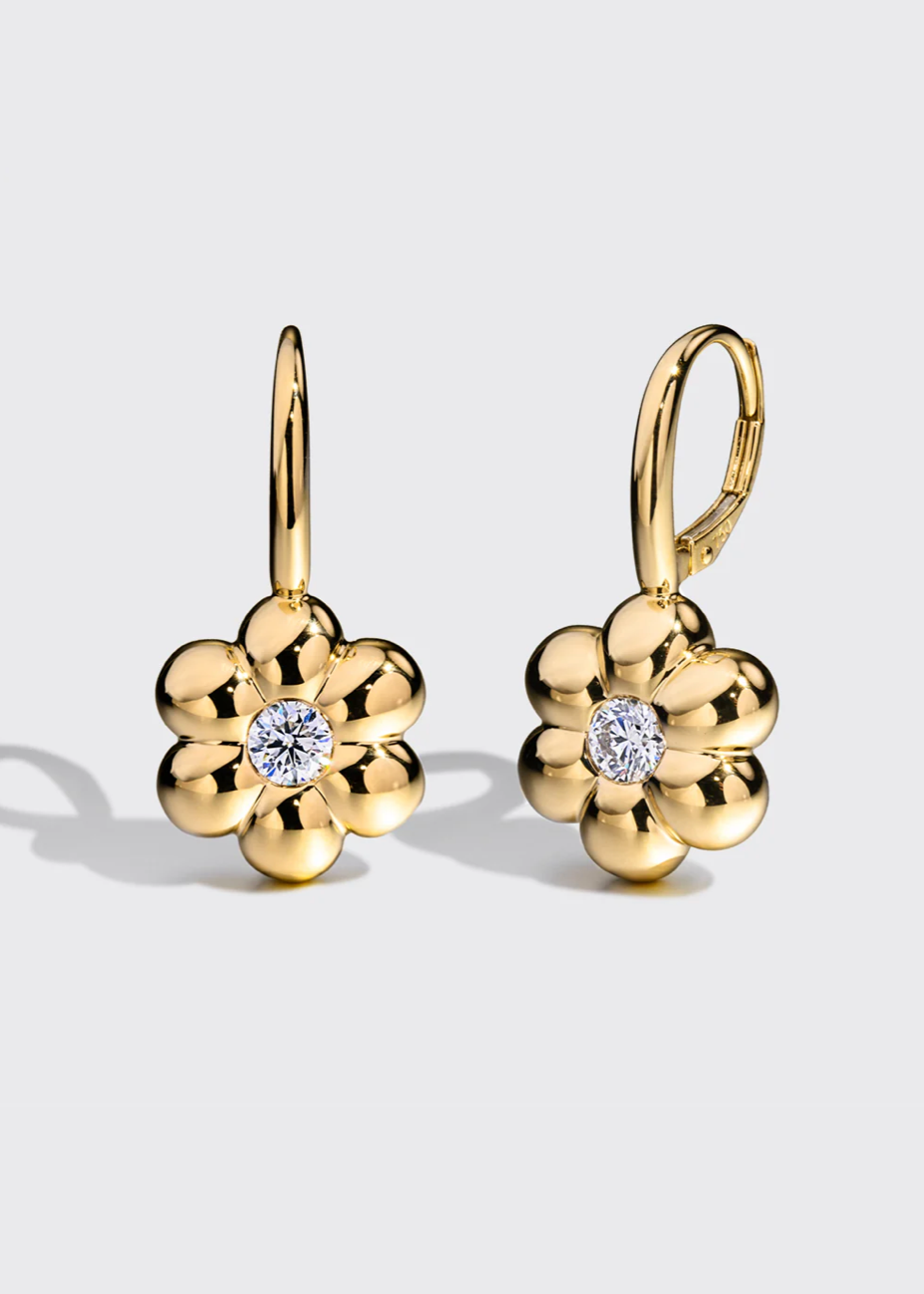 boochier fine jewelry 18k yellow gold Diamond Flower Puff Clip Hoop Earrings