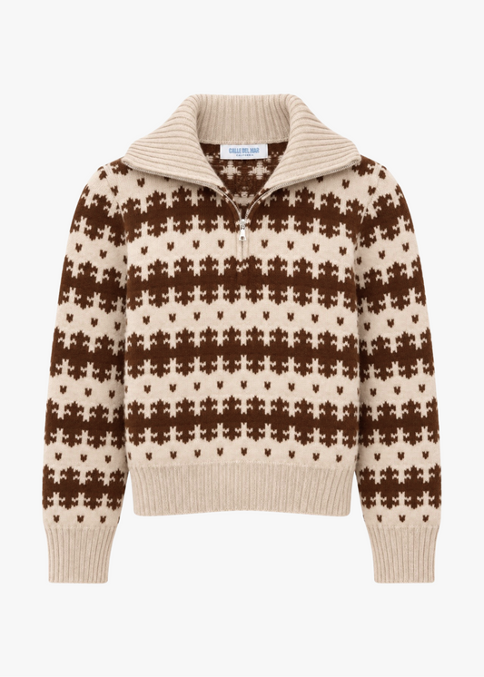 calle del mar cashmere Royal Fair Isle Half Zip ivory brown