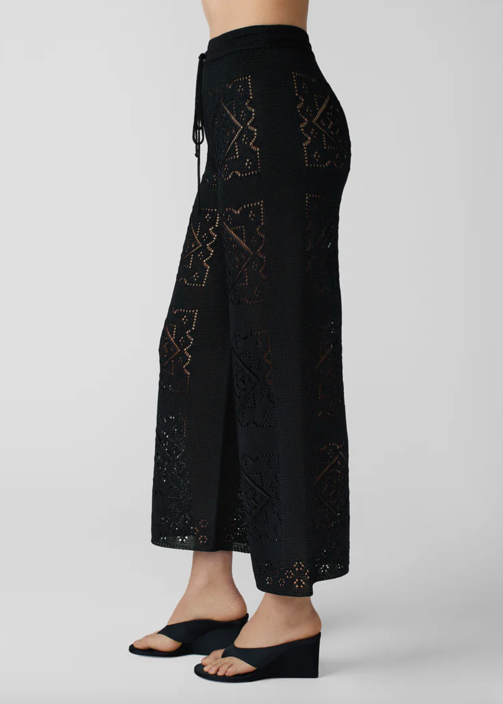 person wearing calle del mar viscose Handkerchief Pants in Black