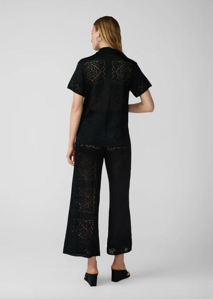 person wearing calle del mar viscose Handkerchief Short Sleeve Shirt and Pants In Black