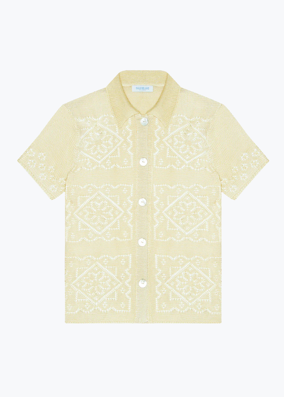 calle del mar womens viscose Handkerchief Short Sleeve Shirt In Custard yellow