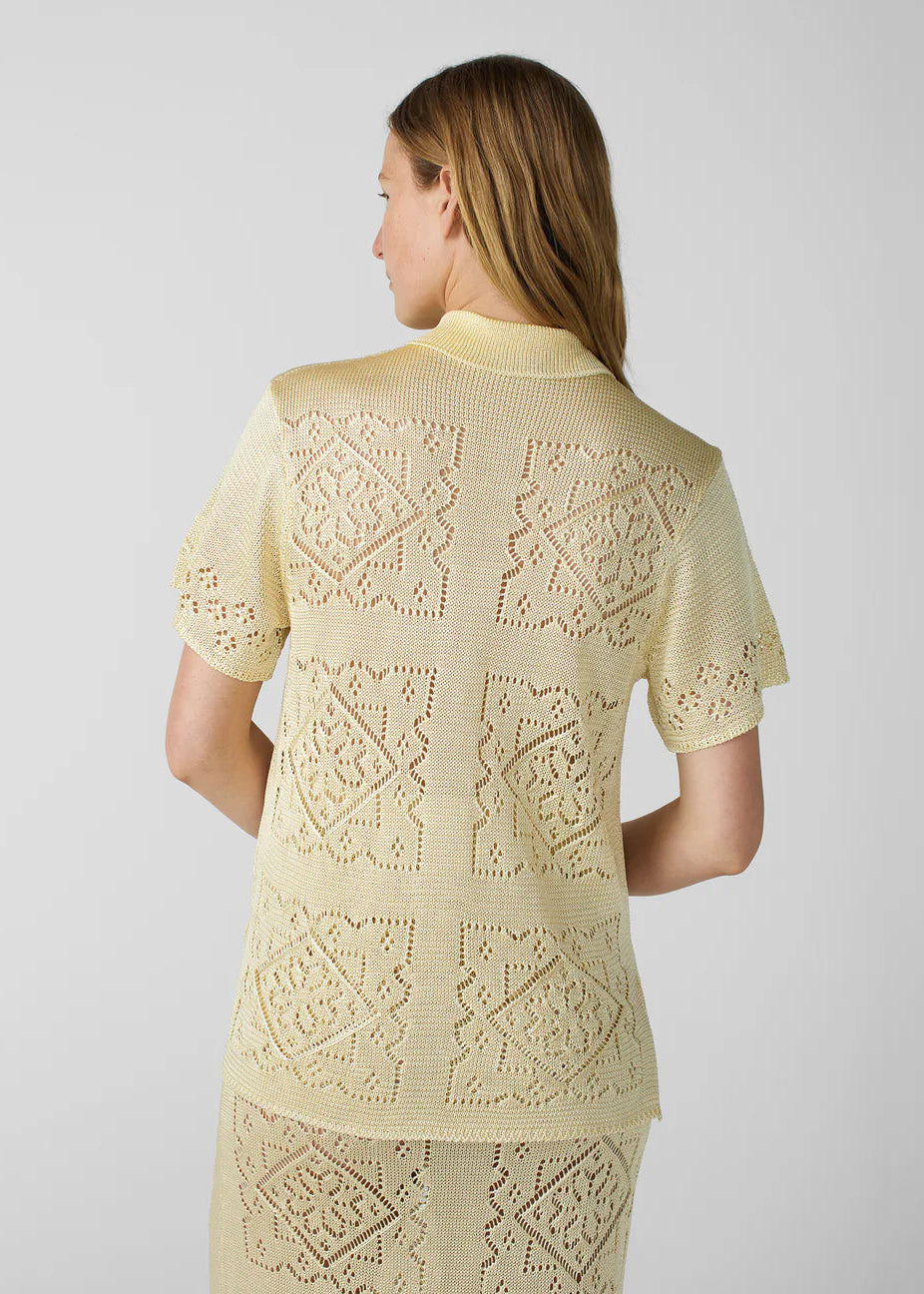 person wearing calle del mar womens viscose Handkerchief Short Sleeve Shirt In Custard yellow