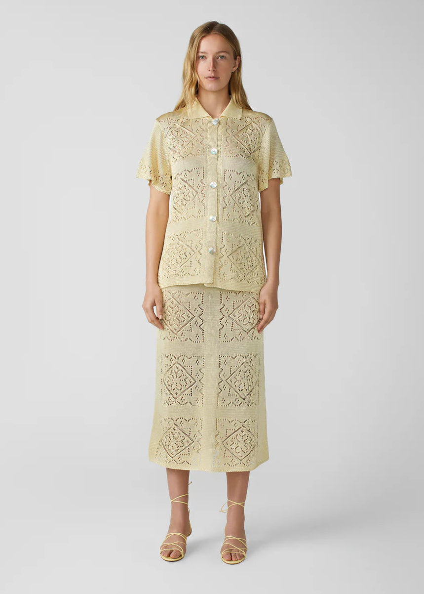 person wearing calle del mar womens viscose Handkerchief Short Sleeve Shirt and Skirt set In Custard yellow