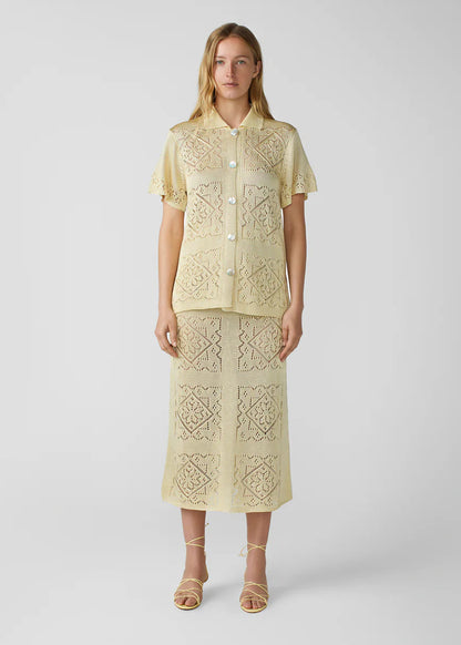 person wearing calle del mar womens viscose Handkerchief Short Sleeve Shirt and Skirt set In Custard yellow