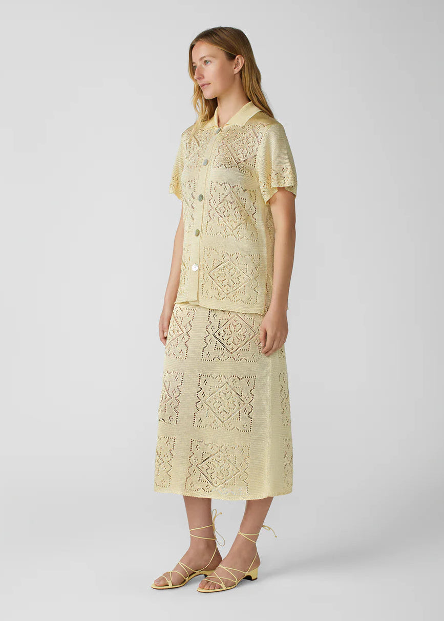 person wearing calle del mar womens viscose Handkerchief Short Sleeve Shirt and Skirt set In Custard yellow