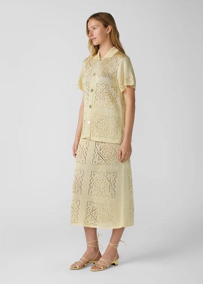 person wearing calle del mar womens viscose Handkerchief Short Sleeve Shirt and Skirt set In Custard yellow