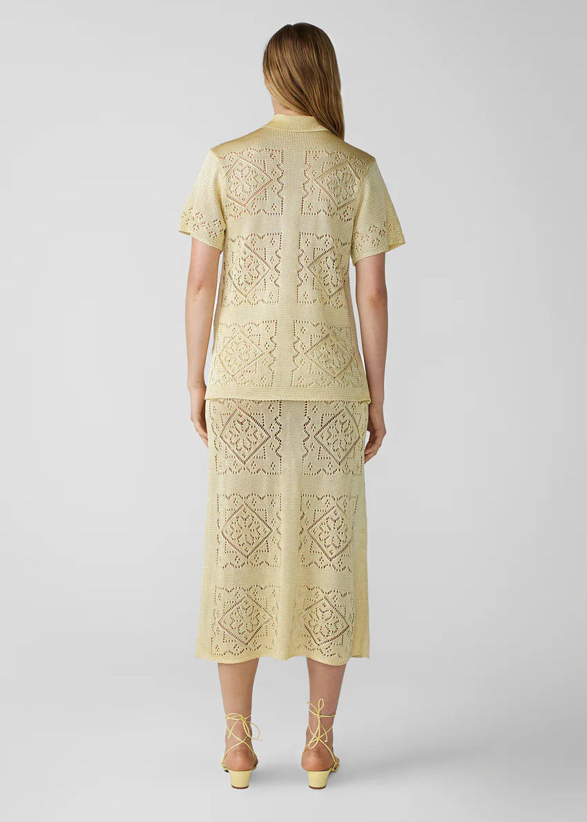 person wearing calle del mar womens viscose Handkerchief Short Sleeve Shirt and Skirt set In Custard yellow