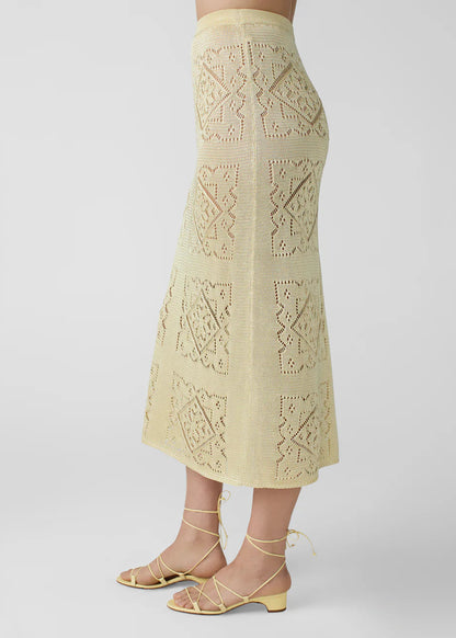 person wearing calle del mar womens viscose Handkerchief Skirt in Custard yellow