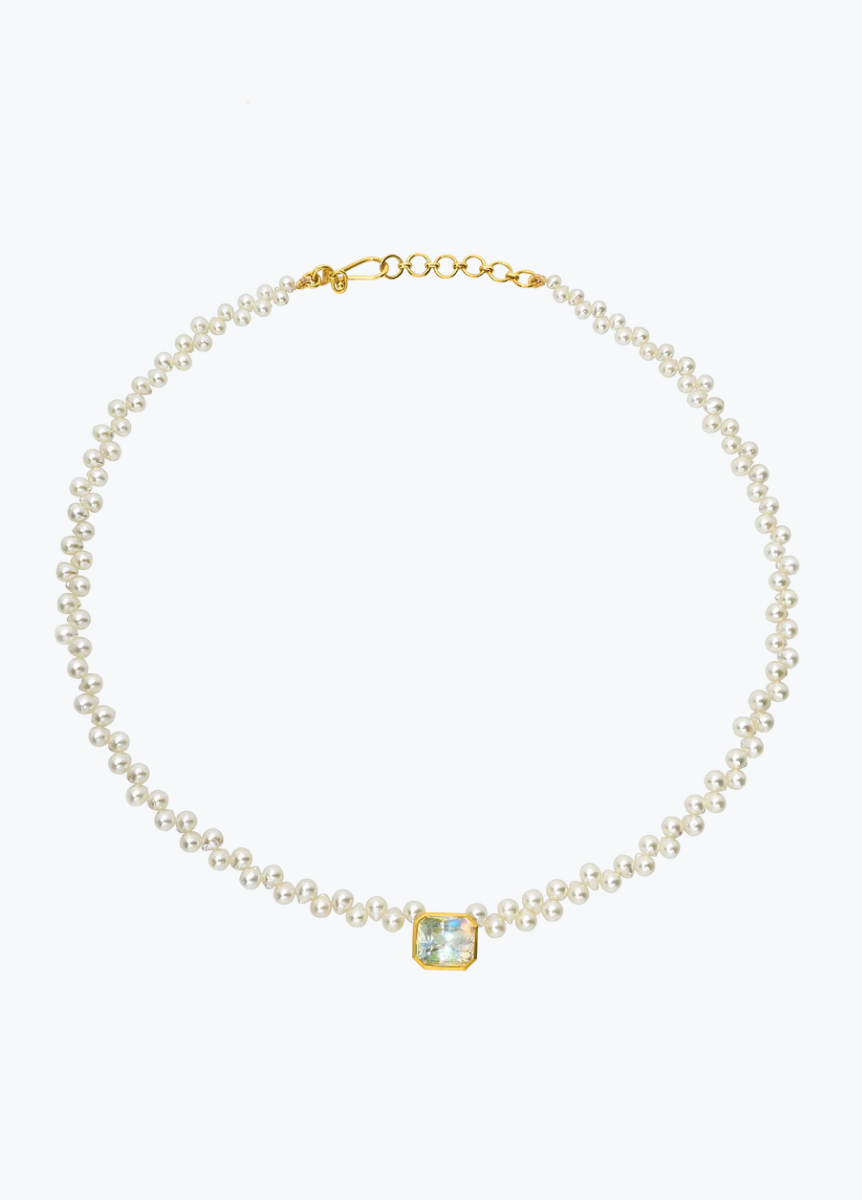 camille beinhorn fine jewelry 22k yellow gold Rainbow Moonstone & Akoya Pearl Rosette Collar