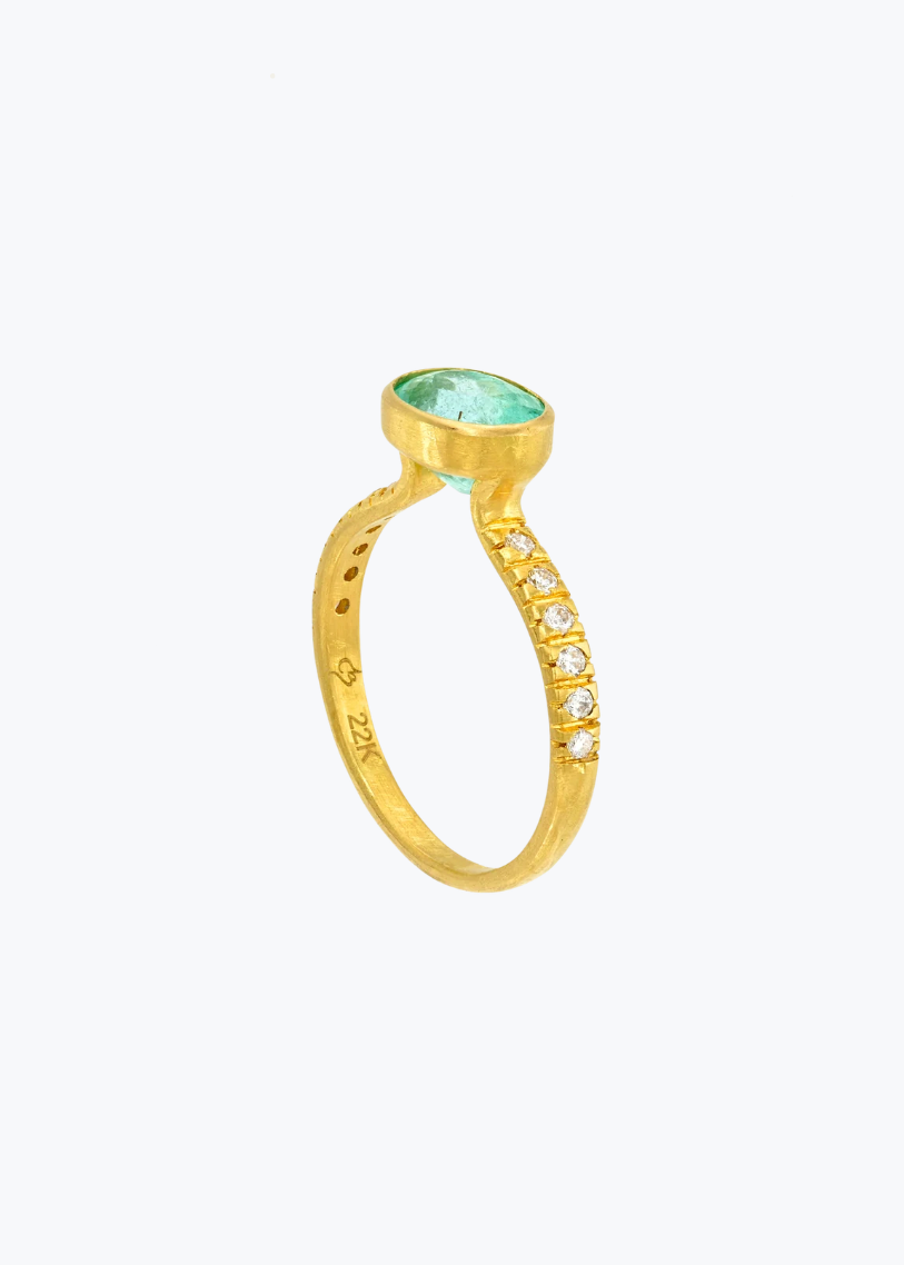 camille beinhorn fine jewelry 22k yellow gold diamond one of a kind pariaba tourmaline bezel ring