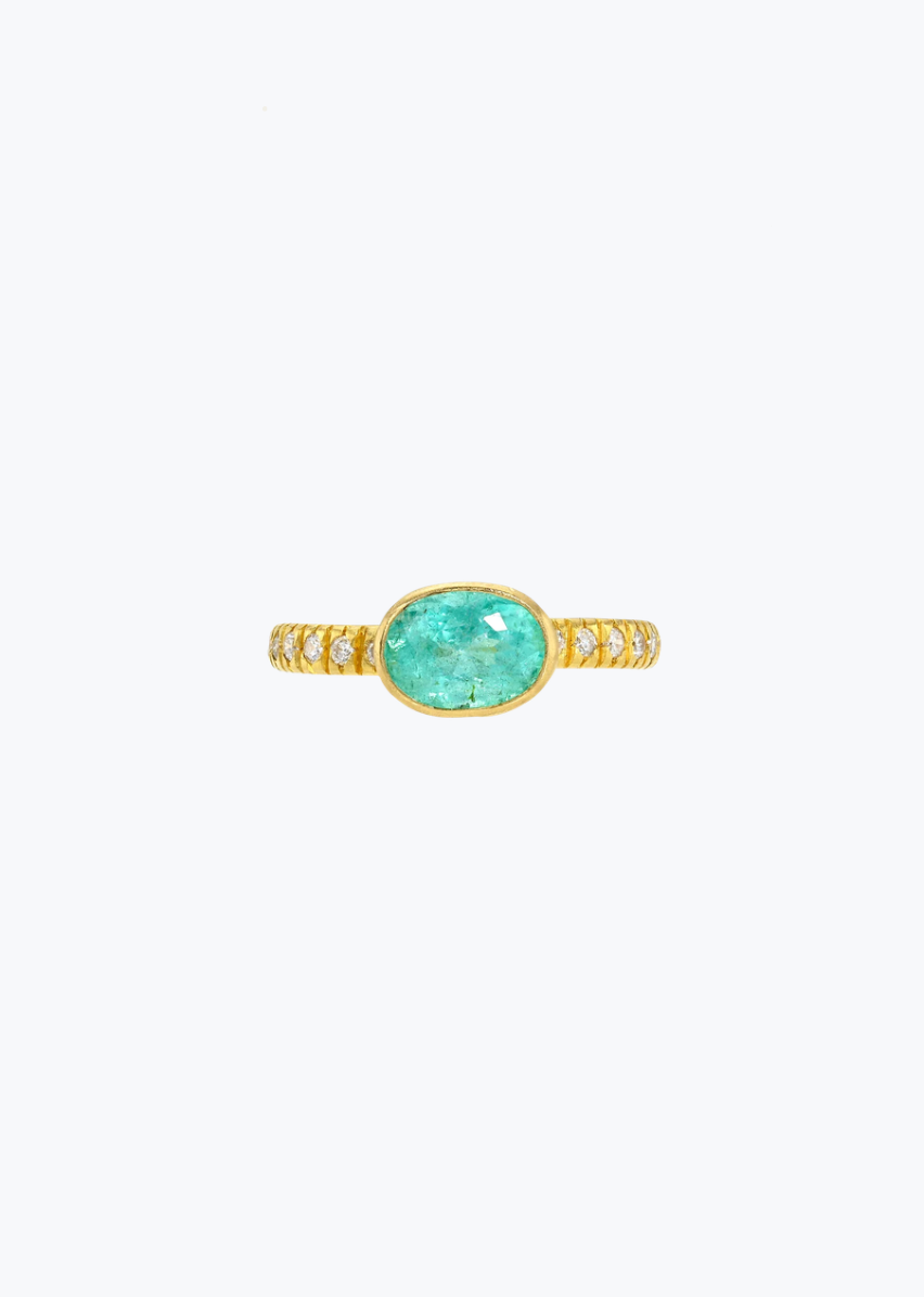 camille beinhorn fine jewelry 22k yellow gold diamond one of a kind pariaba tourmaline bezel ring