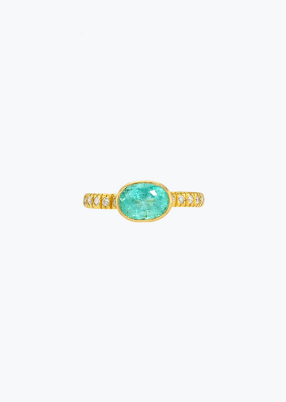camille beinhorn fine jewelry 22k yellow gold diamond one of a kind pariaba tourmaline bezel ring