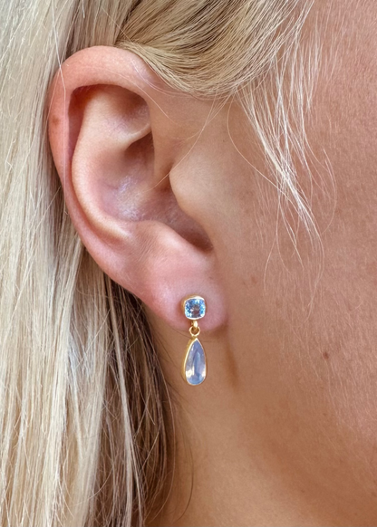 person wearing camille beinhorn fine jewelry one of a kind 22k yellow gold One-of-a-Kind cobalt Spinel unheated Sapphire Gemini Earrings