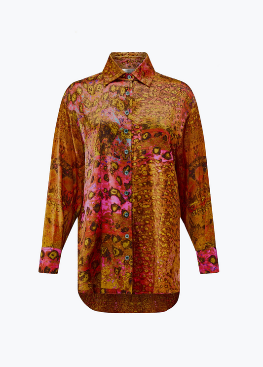 carmen molina womens printed silk Button Down Boyfriend Shirt pink leopard