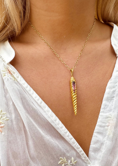 person wearing cathy waterman 22k yellow gold Magic Wand Charm with Pink Tourmaline on lacy chain