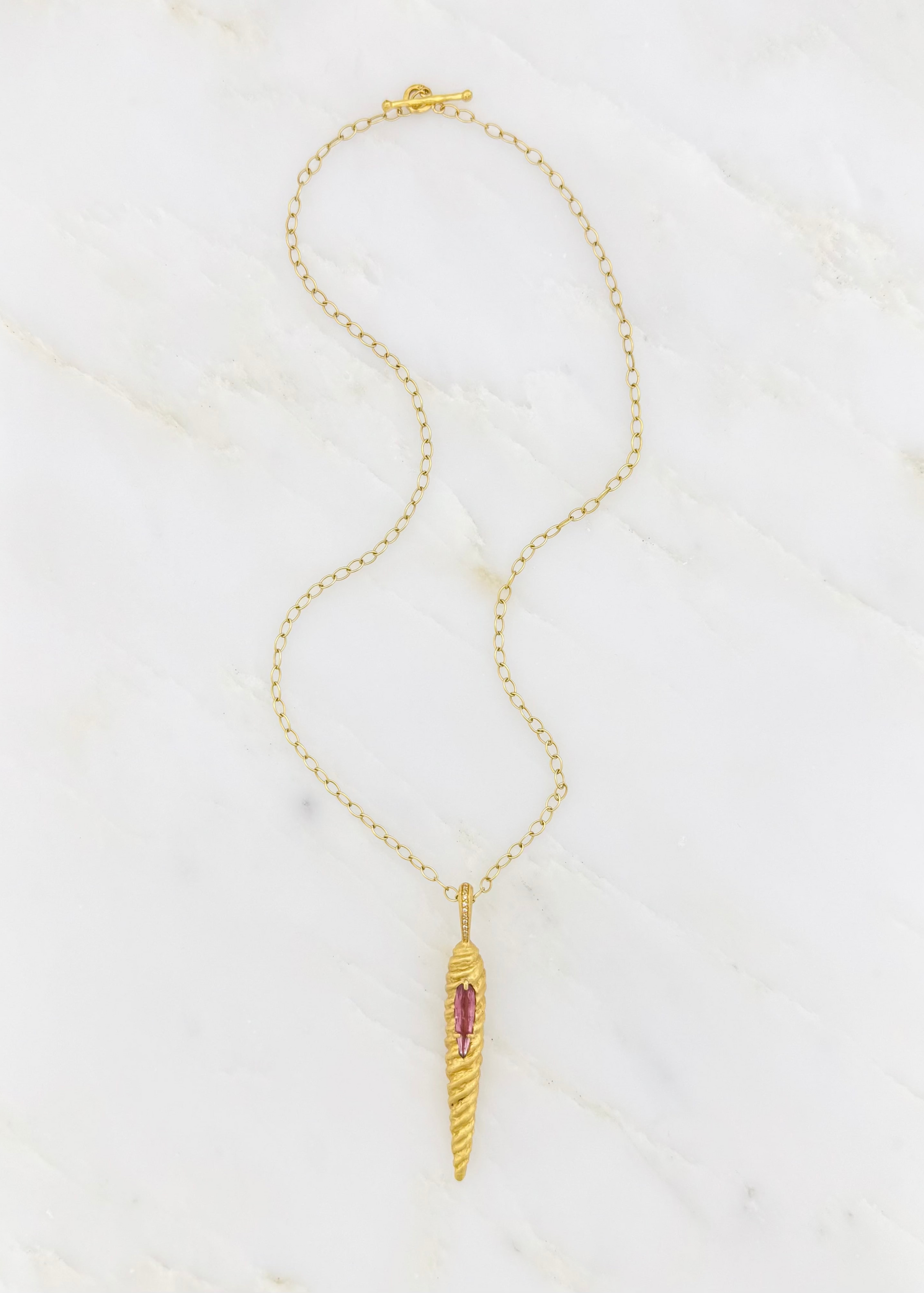 cathy waterman 22k yellow gold Magic Wand Charm with Pink Tourmaline on tiny lacy chain