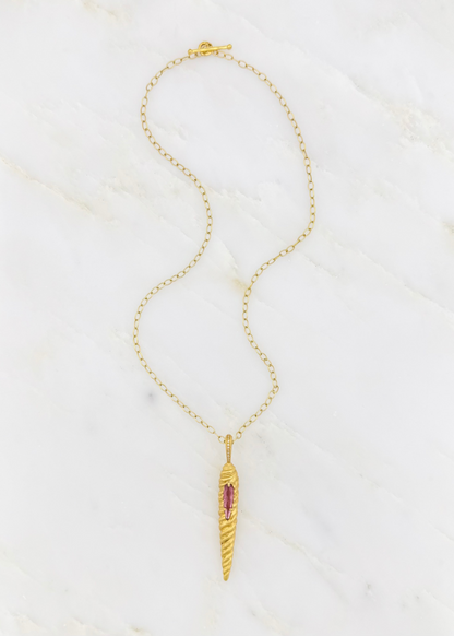 cathy waterman 22k yellow gold Magic Wand Charm with Pink Tourmaline on tiny lacy chain