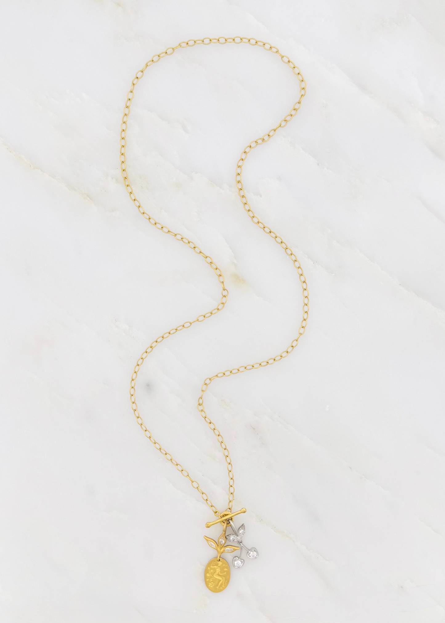 cathy waterman fine jewelry 18k yellow gold platinum diamonds Tiny Lacy Chain Necklace with Muse & Cherry Pendants