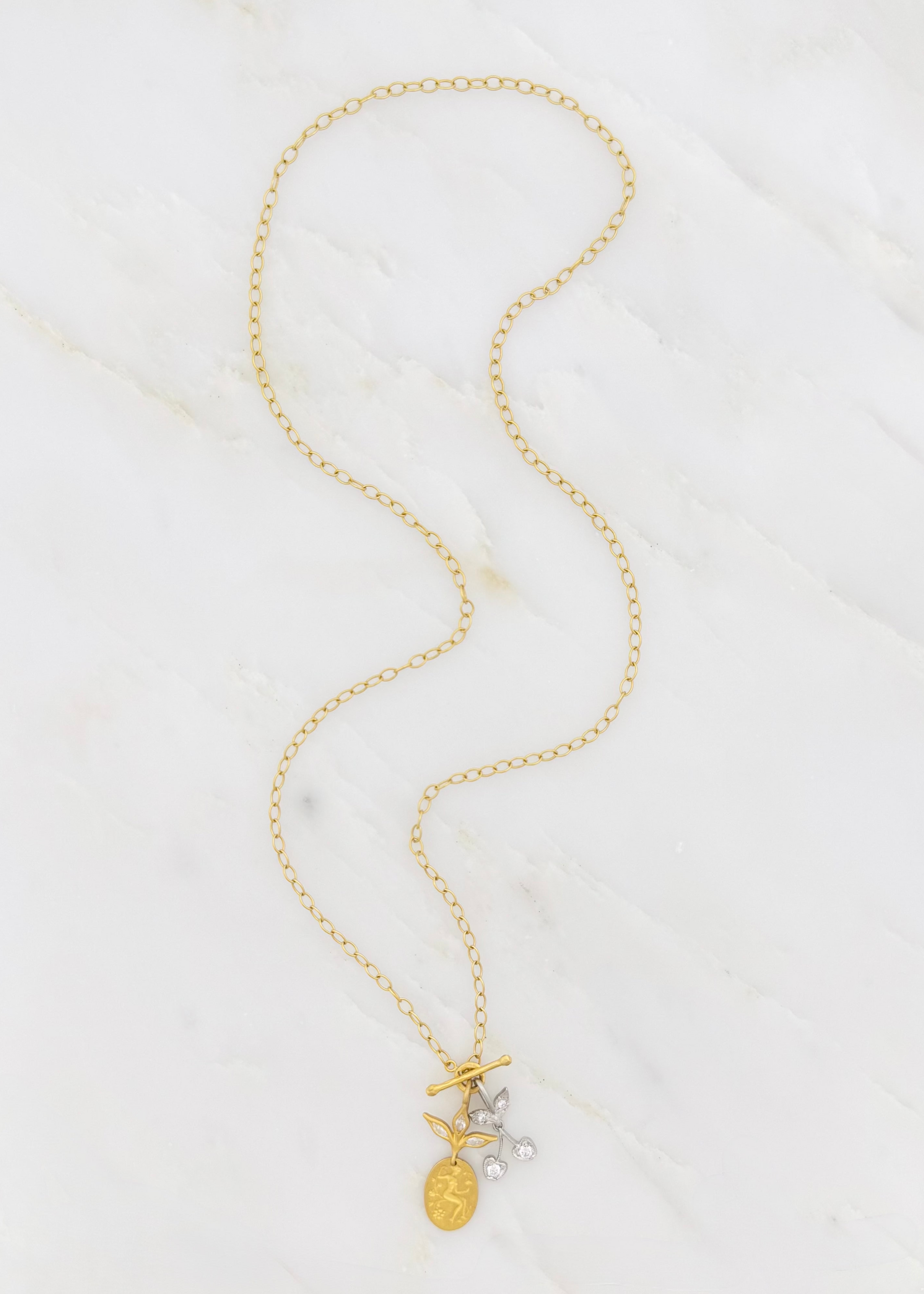 cathy waterman fine jewelry 18k yellow gold platinum diamonds Tiny Lacy Chain Necklace with Muse & Cherry Pendants