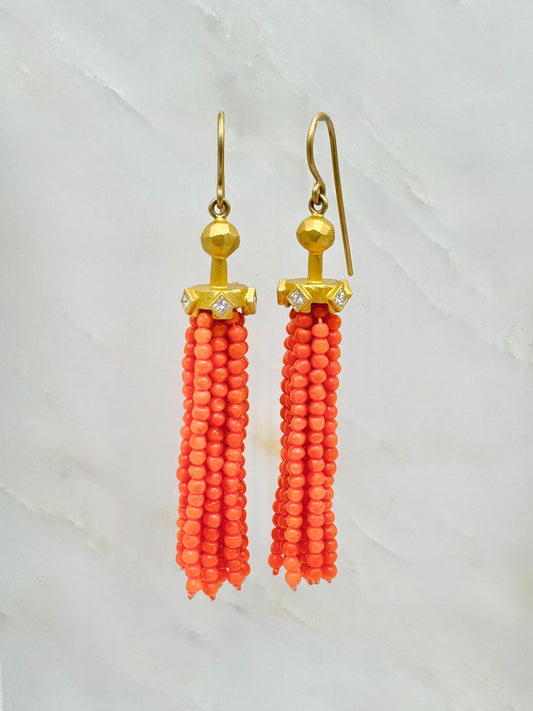 cathy waterman fine jewelry 22k yellow gold Coral Tassel Earrings
