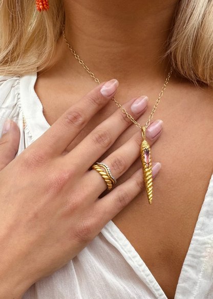 person wearing cathy waterman fine jewelry 22k yellow gold platinum diamond Branch & Scallop Band Single Row Laurel Band Magic Wand Charm with Pink Tourmaline