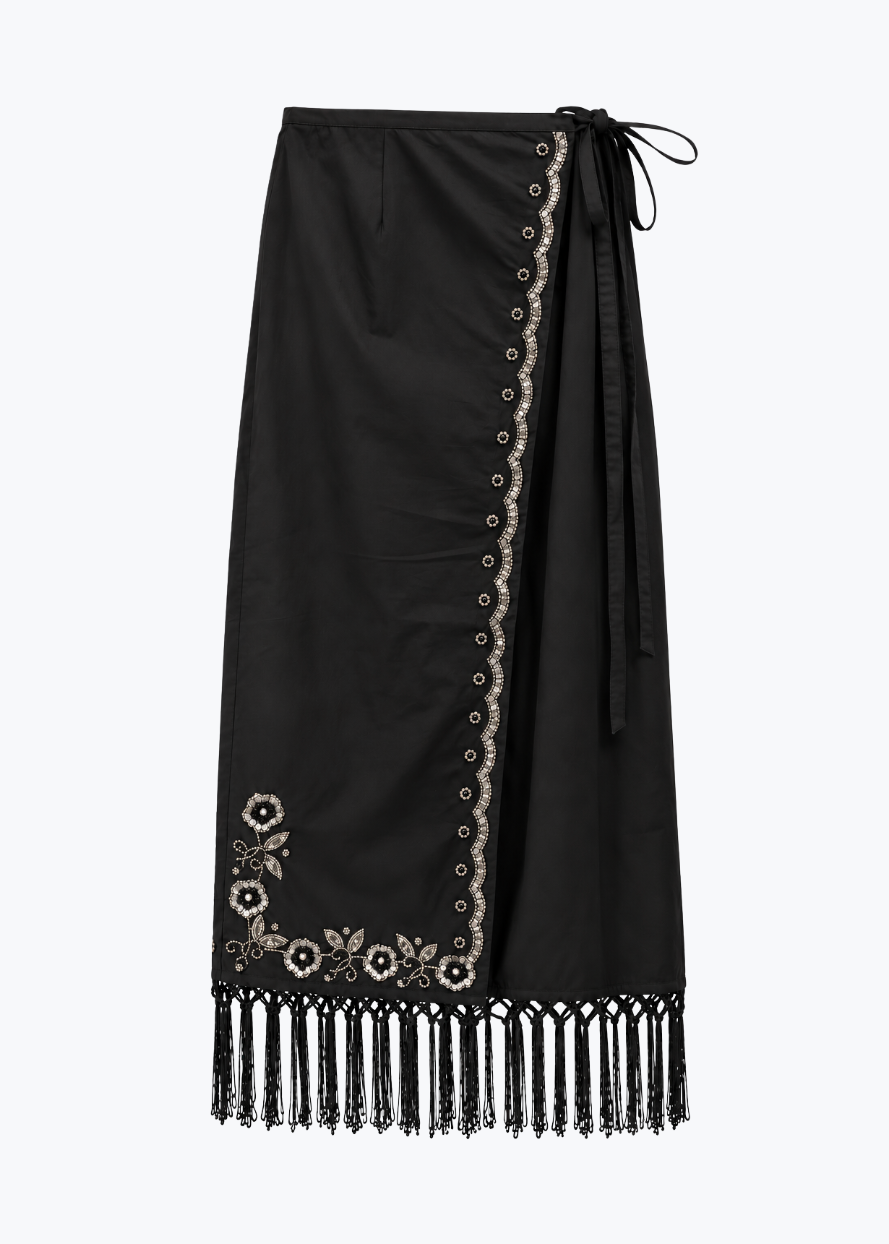 ciao lucia Seraphine Embroidered Poplin Fringe Skirt
