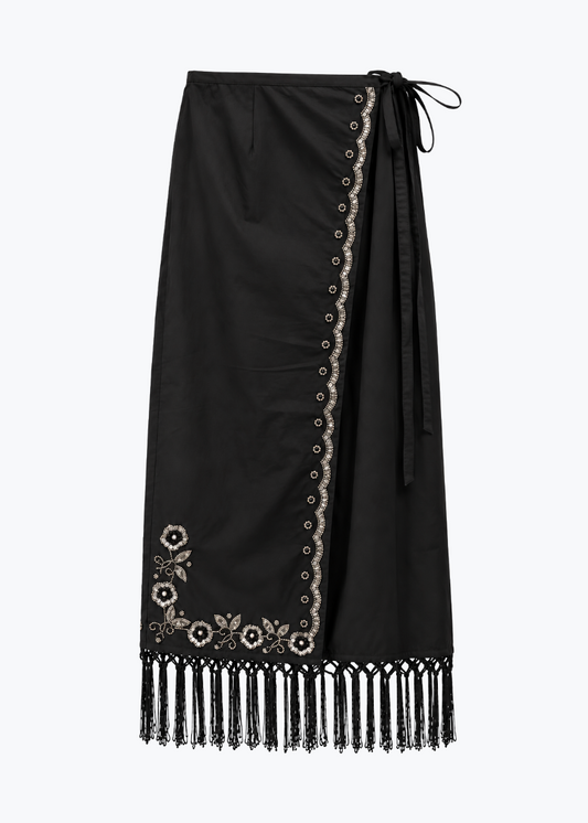 ciao lucia Seraphine Embroidered Poplin Fringe Skirt