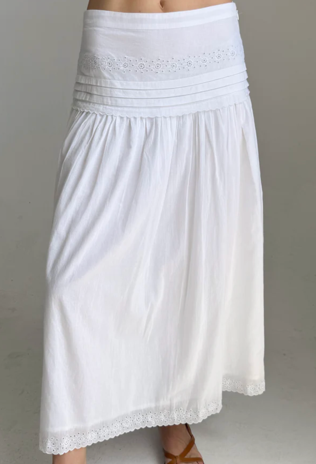 person wearing ciao lucia womens Irati White Embroidered Cotton Skirt