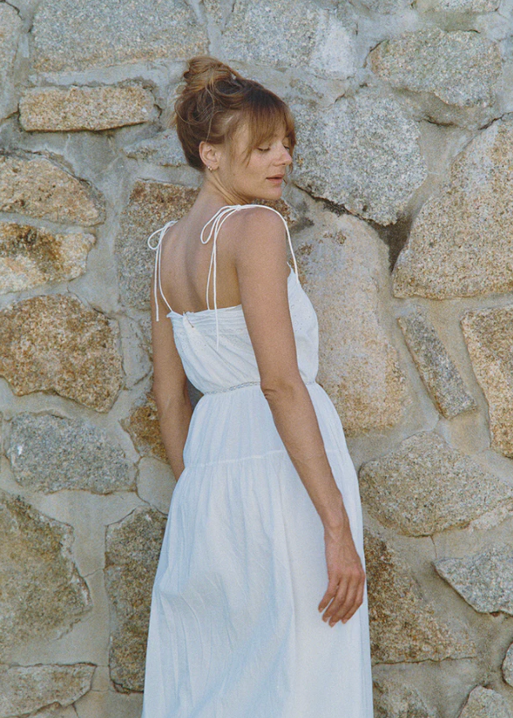 person wearing ciao lucia womens Petra White Embroidered Cotton Dress