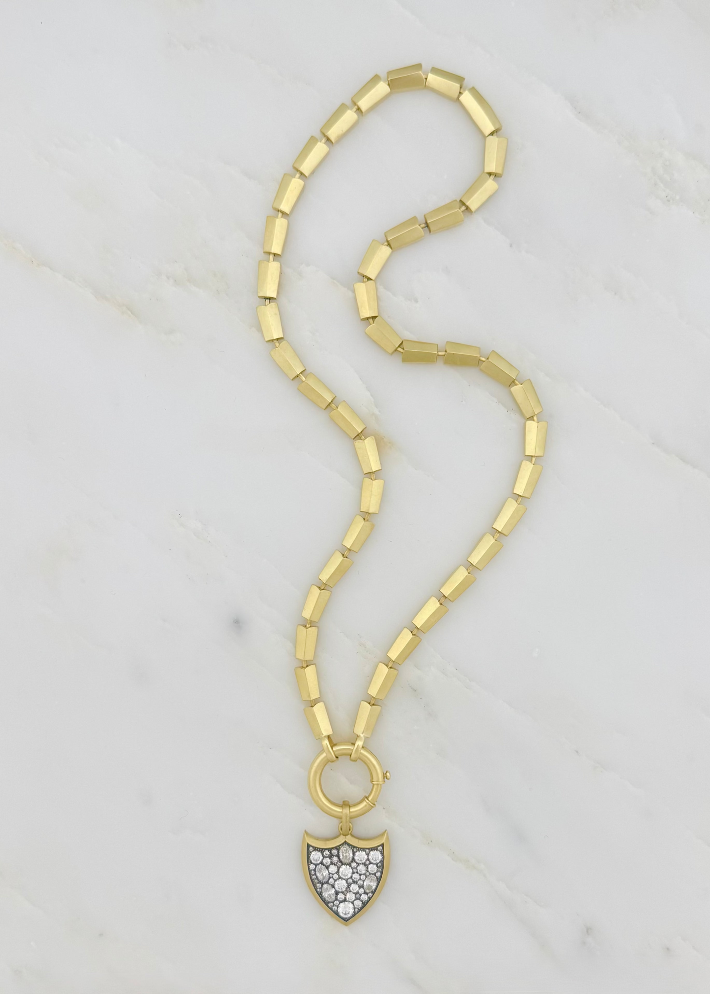 circa 1700 fine jewelry 18k yellow gold Alchemy Chain necklace diamond shield talisman pendant charm