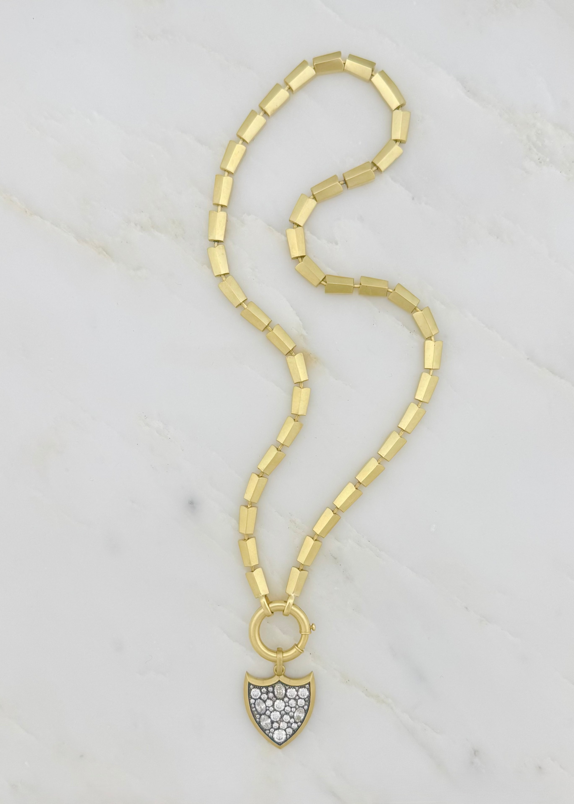 circa 1700 fine jewelry 18k yellow gold Alchemy Chain necklace diamond shield talisman pendant charm