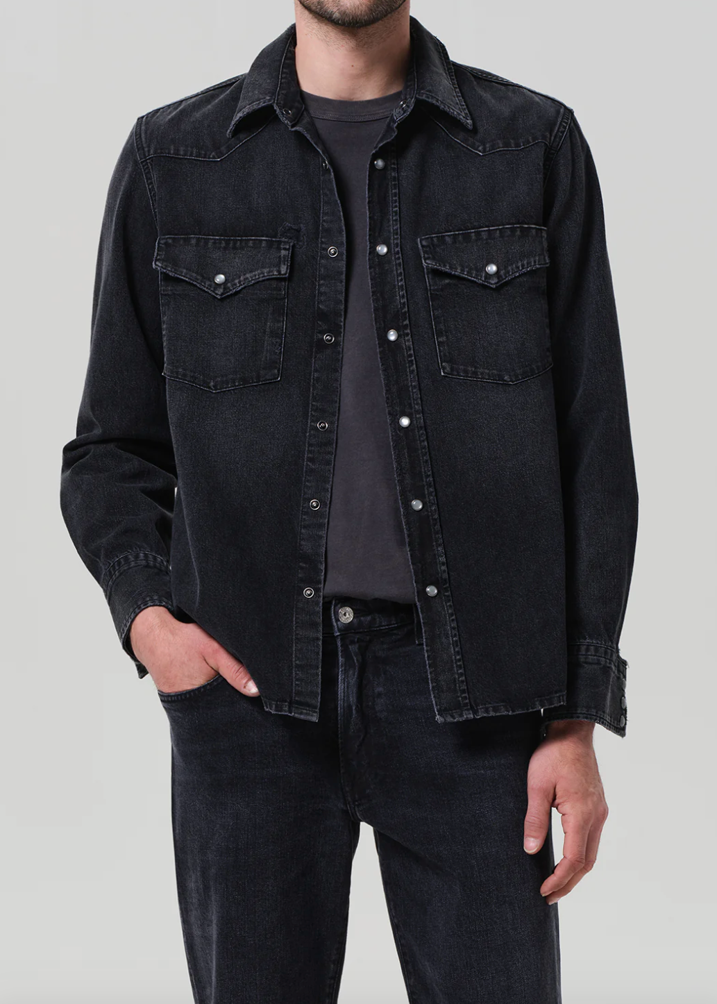 person wearing citizens of humanity mens Western Shirt In Vintage Black