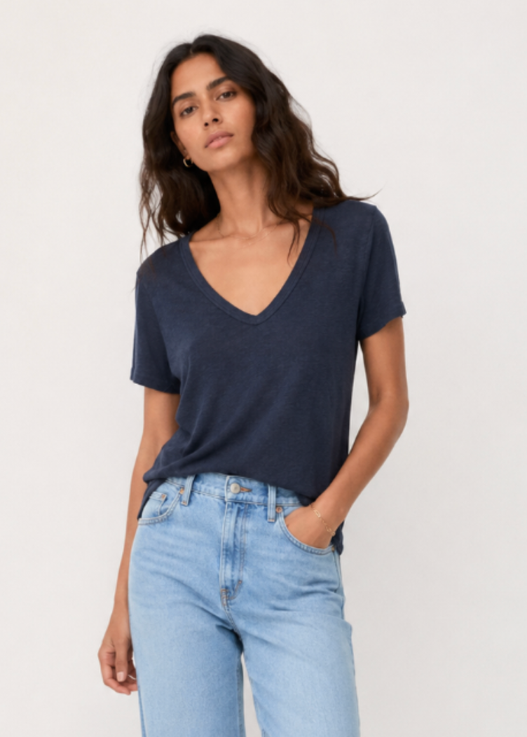 person wearing citizens of humanity womens Cecilie Relaxed V-Neck in Navy