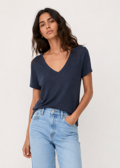 person wearing citizens of humanity womens Cecilie Relaxed V-Neck in Navy