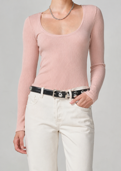 person wearing citizens of humanity womens Juni Long Sleeve Scoop Neck in Rosewater pink