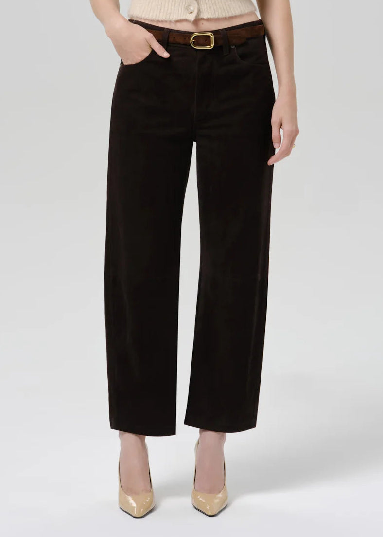 person wearing citizens of humanity womens Miro Relaxed Suede Pant In Chocolate