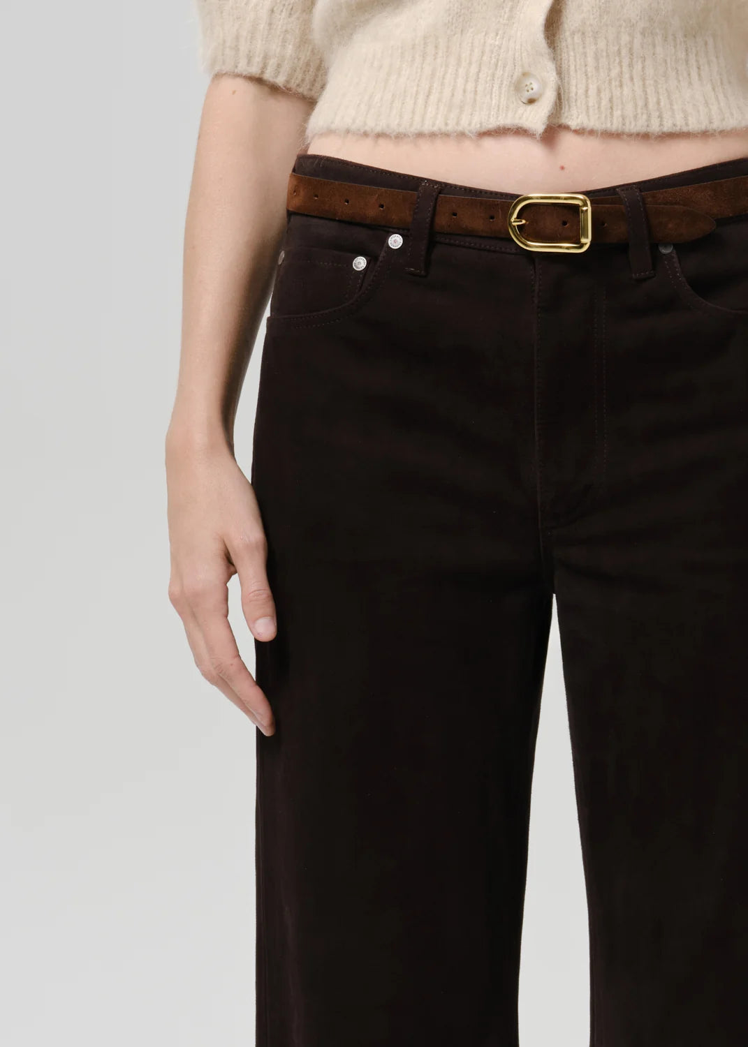 person wearing citizens of humanity womens Miro Relaxed Suede Pant In Chocolate