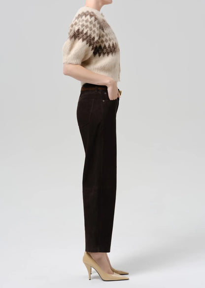 person wearing citizens of humanity womens Miro Relaxed Suede Pant In Chocolate
