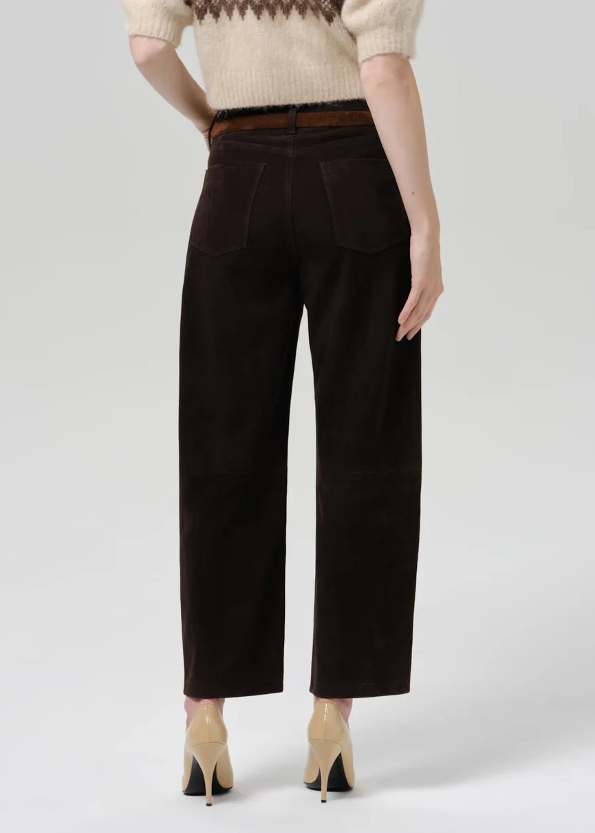 person wearing citizens of humanity womens Miro Relaxed Suede Pant In Chocolate