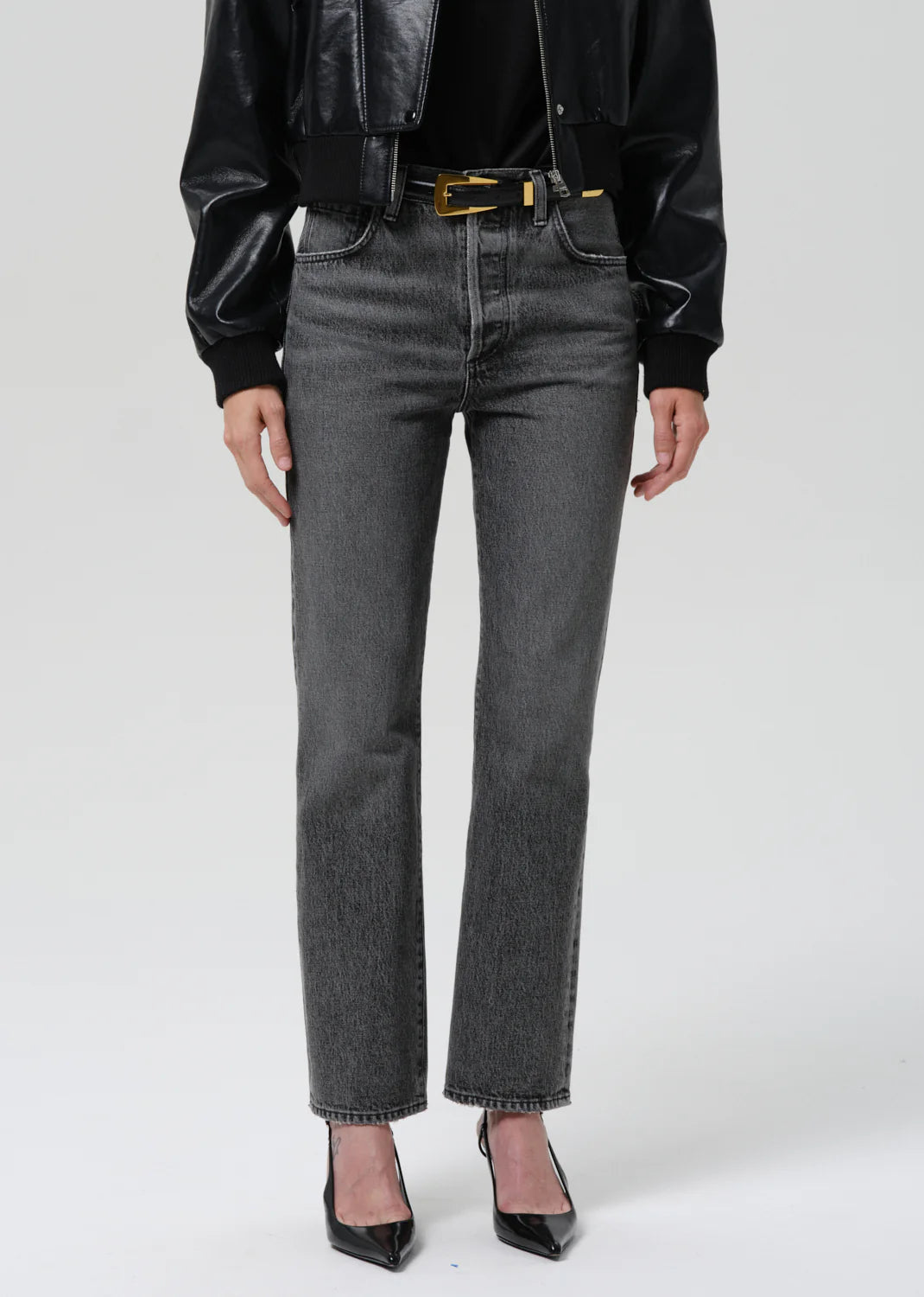 person wearing citizens of humanity womens denim 90's French High Rise Straight Jeans In Lumiere