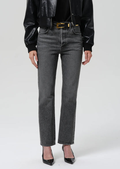 person wearing citizens of humanity womens denim 90's French High Rise Straight Jeans In Lumiere