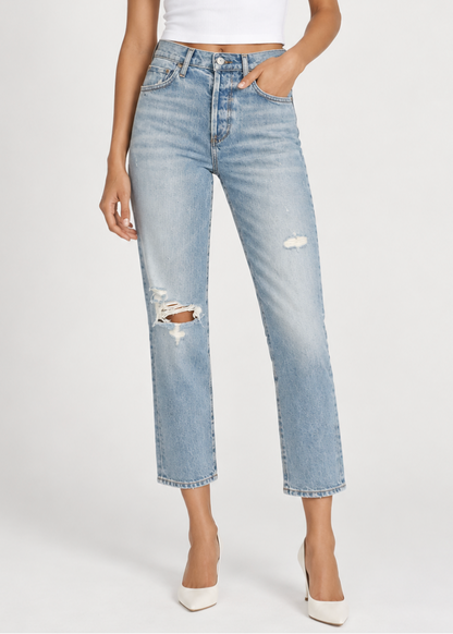 person wearing citizens of humanity womens denim Emerson Slim Fit Boyfriend Jeans in Meadow