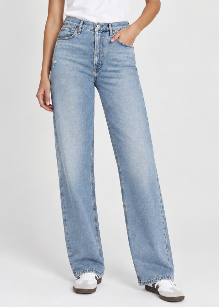 person wearing citizens of humanity womens denim Libby Relaxed Boot Cut in High Road