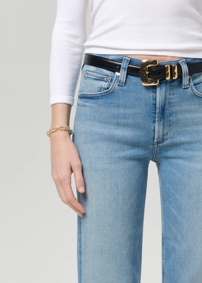 person wearing citizens of humanity womens denim jeans Palma Straight Clean Hem in Luella
