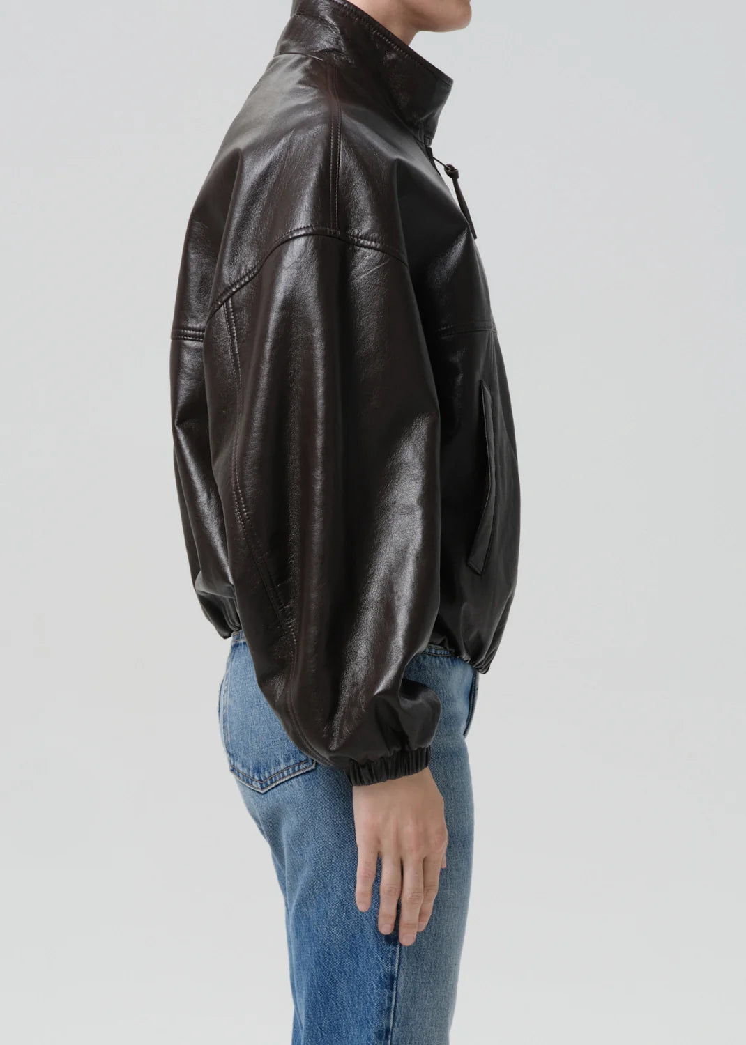 person wearing citizens of humanity womens leather Barracuta Bubble Jacket In Chocolate Dark Brown