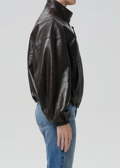person wearing citizens of humanity womens leather Barracuta Bubble Jacket In Chocolate Dark Brown