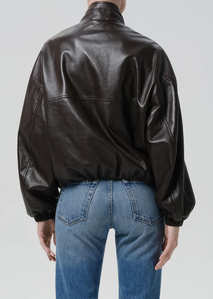 person wearing citizens of humanity womens leather Barracuta Bubble Jacket In Chocolate Dark Brown
