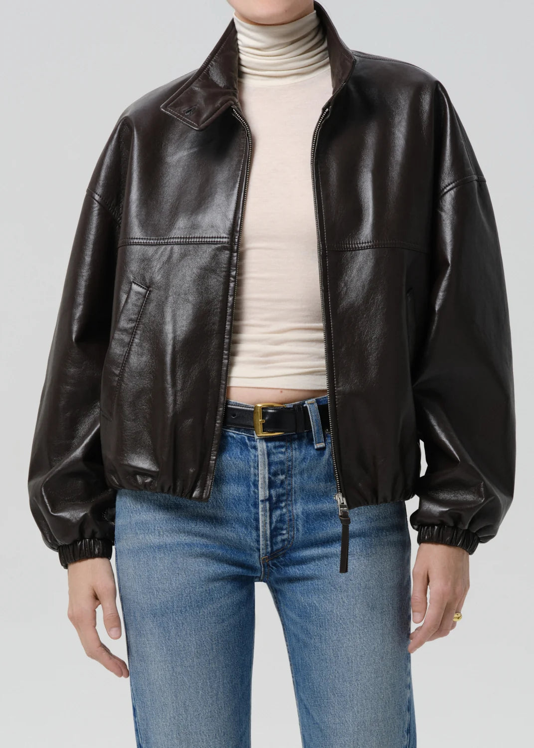 person wearing citizens of humanity womens leather Barracuta Bubble Jacket In Chocolate Dark Brown
